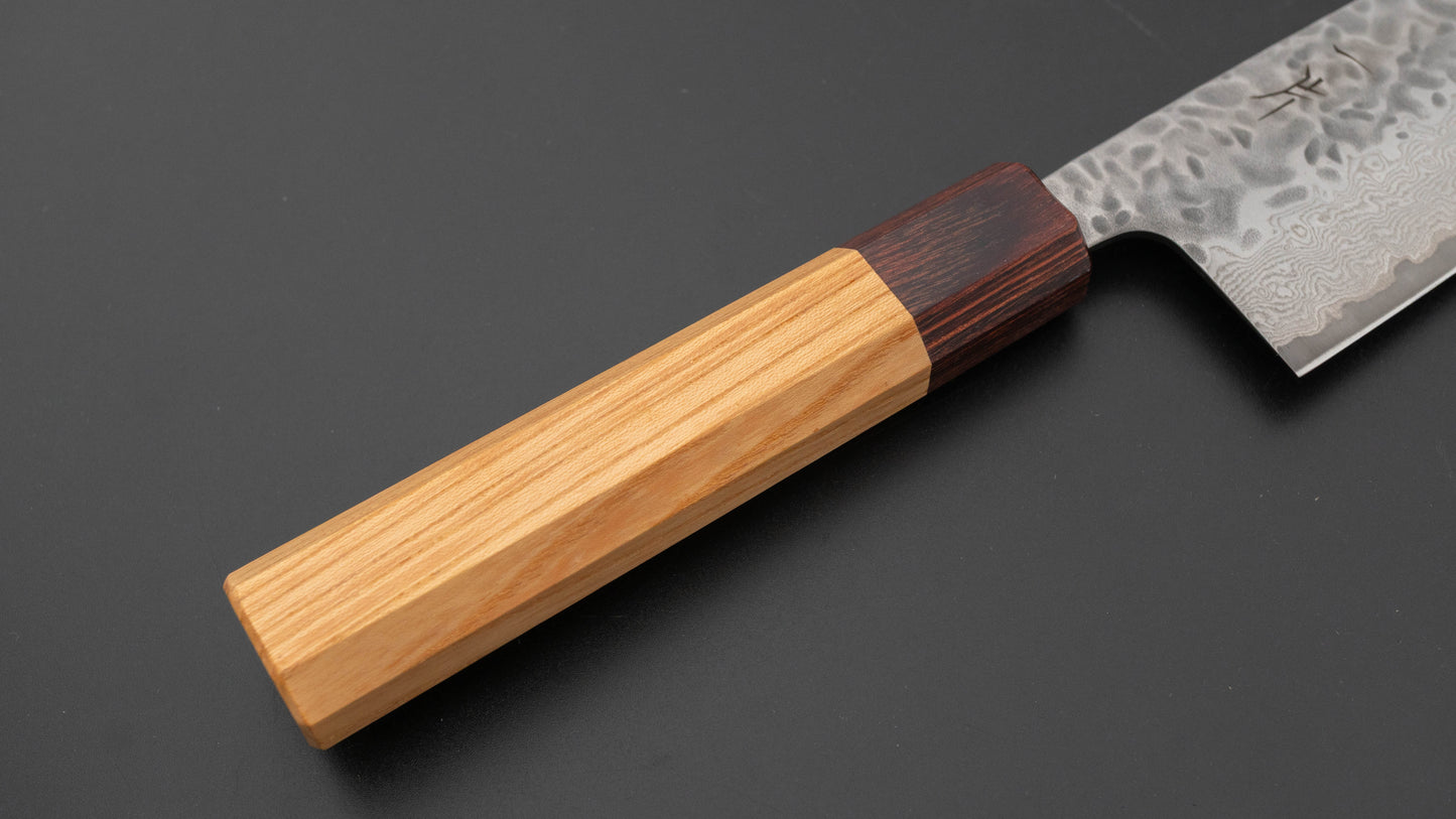 Hitohira Futana roestvrij Tsuchime Damascus Santoku 170 mm Keyaki Zelkova-handvat