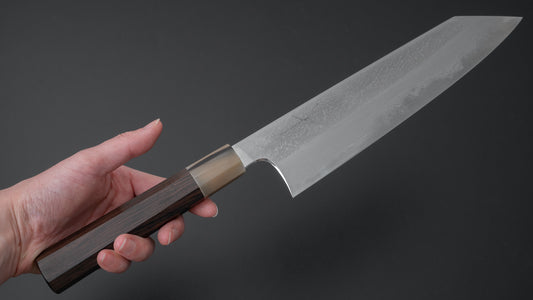 Hitohira Togashi Wit #1 Damascus Kiritsuke Gyuto 24 cm ebbenhouten handvat met brede schuine kant