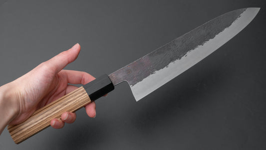 Isamitsu blauw super roestvrij bekleed Kurouchi Gyuto 240 mm Taihei Zebrawood handvat