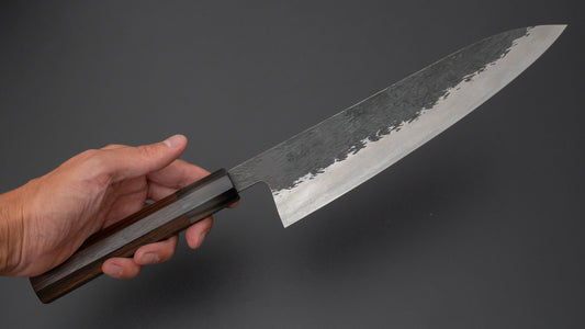 Isamitsu blauw super roestvrij bekleed Kurouchi Gyuto 240 mm Taihei Makassar ebbenhouten handvat