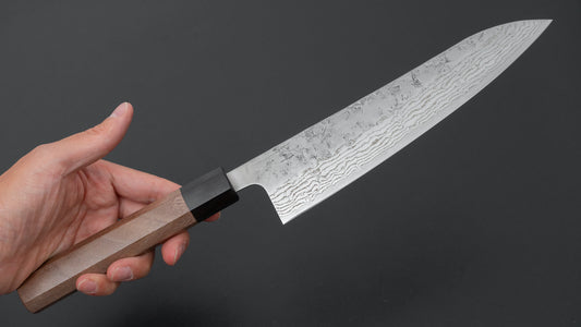 Hitohira Futana Zweedse roestvrijstalen Nashiji Damascus Gyuto 210 mm walnoothouten handvat