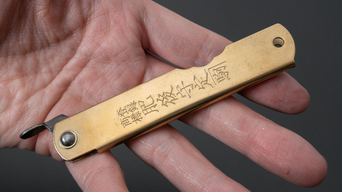 Higonokami Blue Steel Kiridashi Folding Knife Large Brass Handle