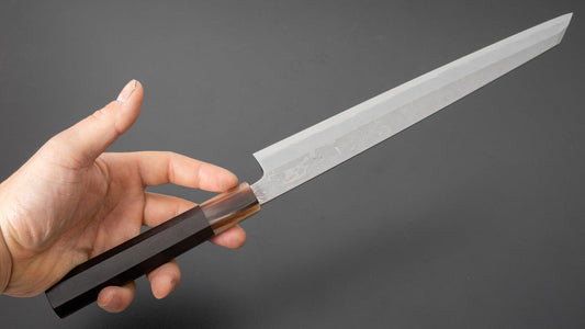 Hitohira Tanaka Manzo Blue #1 Damascus linkshandig Kiritsuke Yanagiba 270 mm ebbenhouten handvat (Saya)