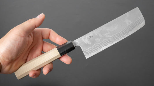 Hitohira GR Blue #2 Damascus Nakiri 150 mm Ho houten handvat