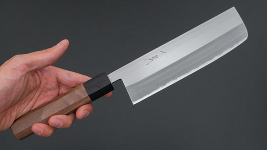 Hitohira Harima Forged Blue #2 Stainless Clad Migaki Nakiri Walnut Handle