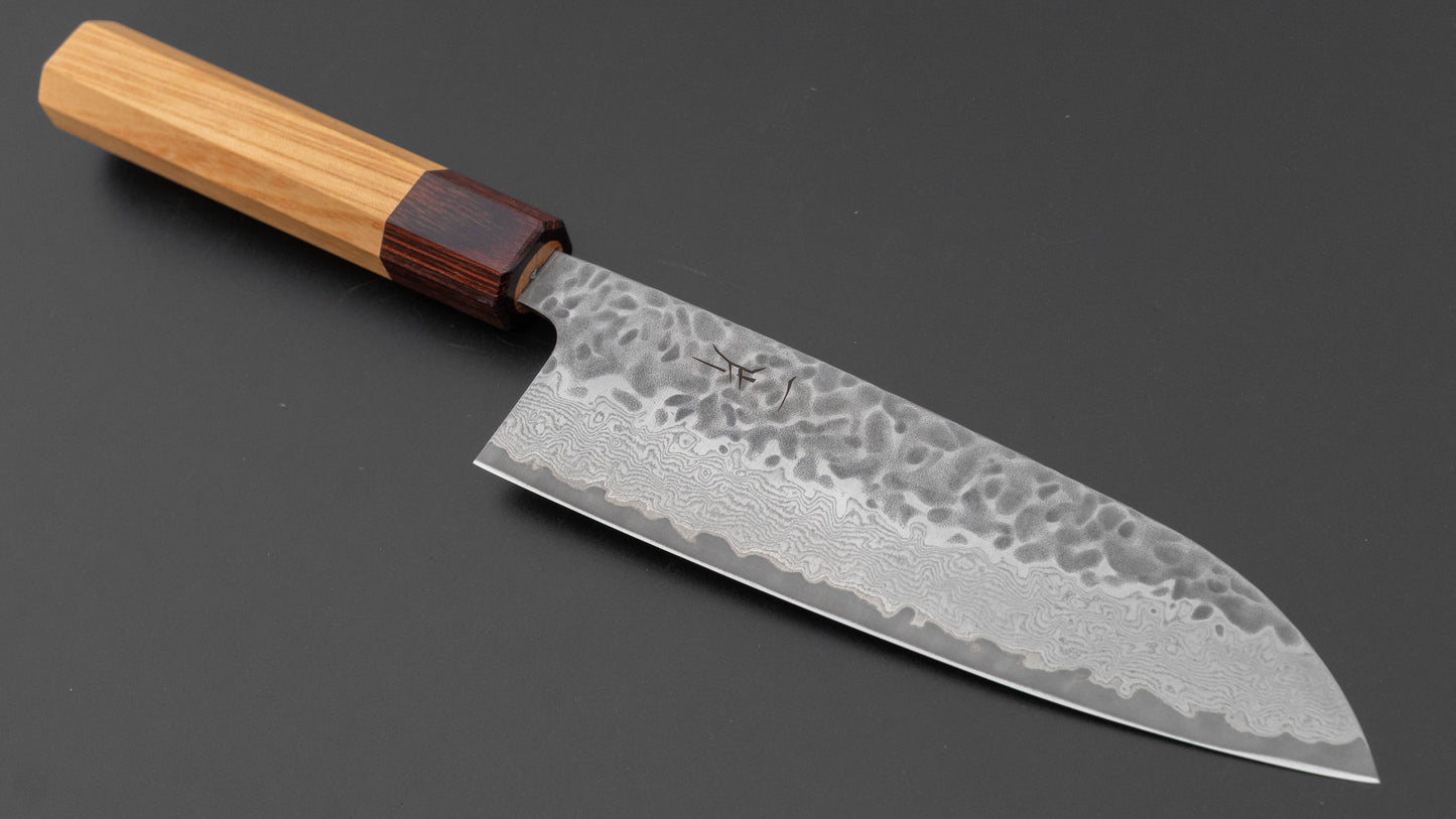 Hitohira Futana roestvrij Tsuchime Damascus Santoku 170 mm Keyaki Zelkova-handvat