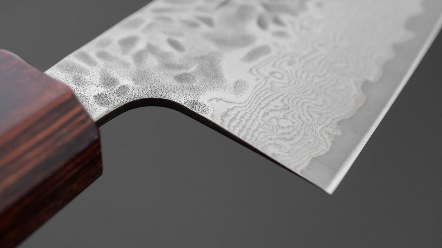 Hitohira Futana roestvrij Tsuchime Damascus Santoku 170 mm Keyaki Zelkova-handvat