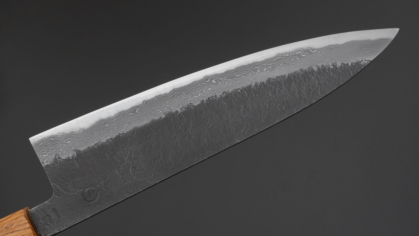 Hitohira Hinode Nashiji Damascus Wit #2 Gyuto 210mm Gebrand Eiken Handvat (#03)