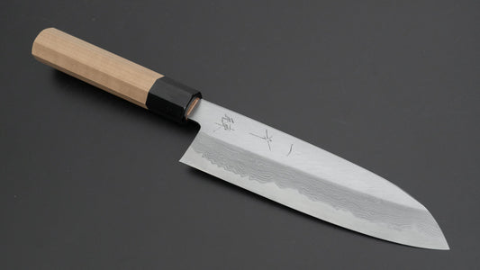 Hitohira Gorobei Ren Wit #2 Damascus Santoku Ho Houten handvat