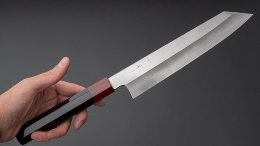 Hitohira Kikuchiyo Kyuzo Silver #3 Migaki Kiritsuke Gyuto 210mm Lacquered Handle (Black and Red)