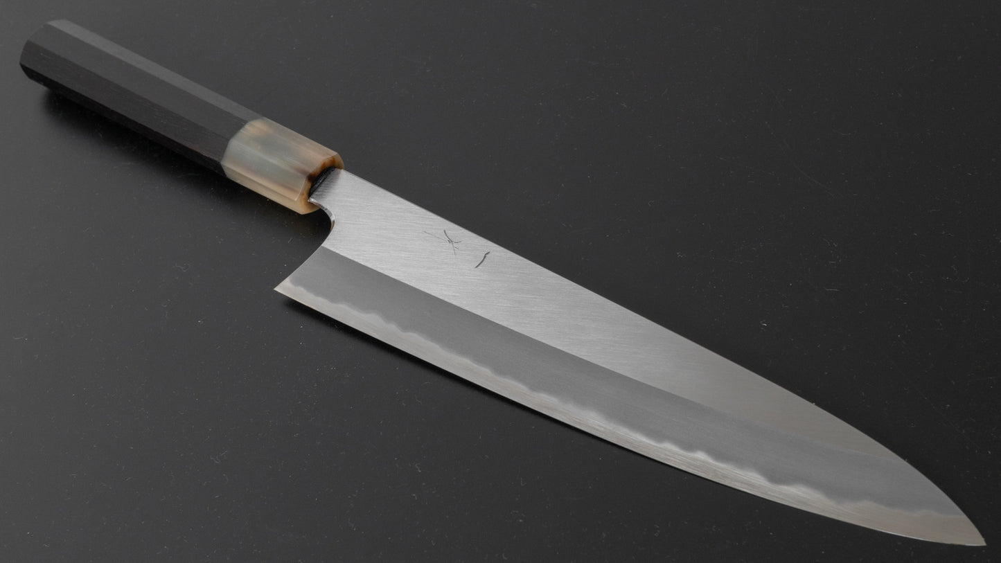 Hitohira Tanaka Kyuzo Blauw #1 Migaki Gyuto 240 mm Taihei Makassar ebbenhouten handvat 