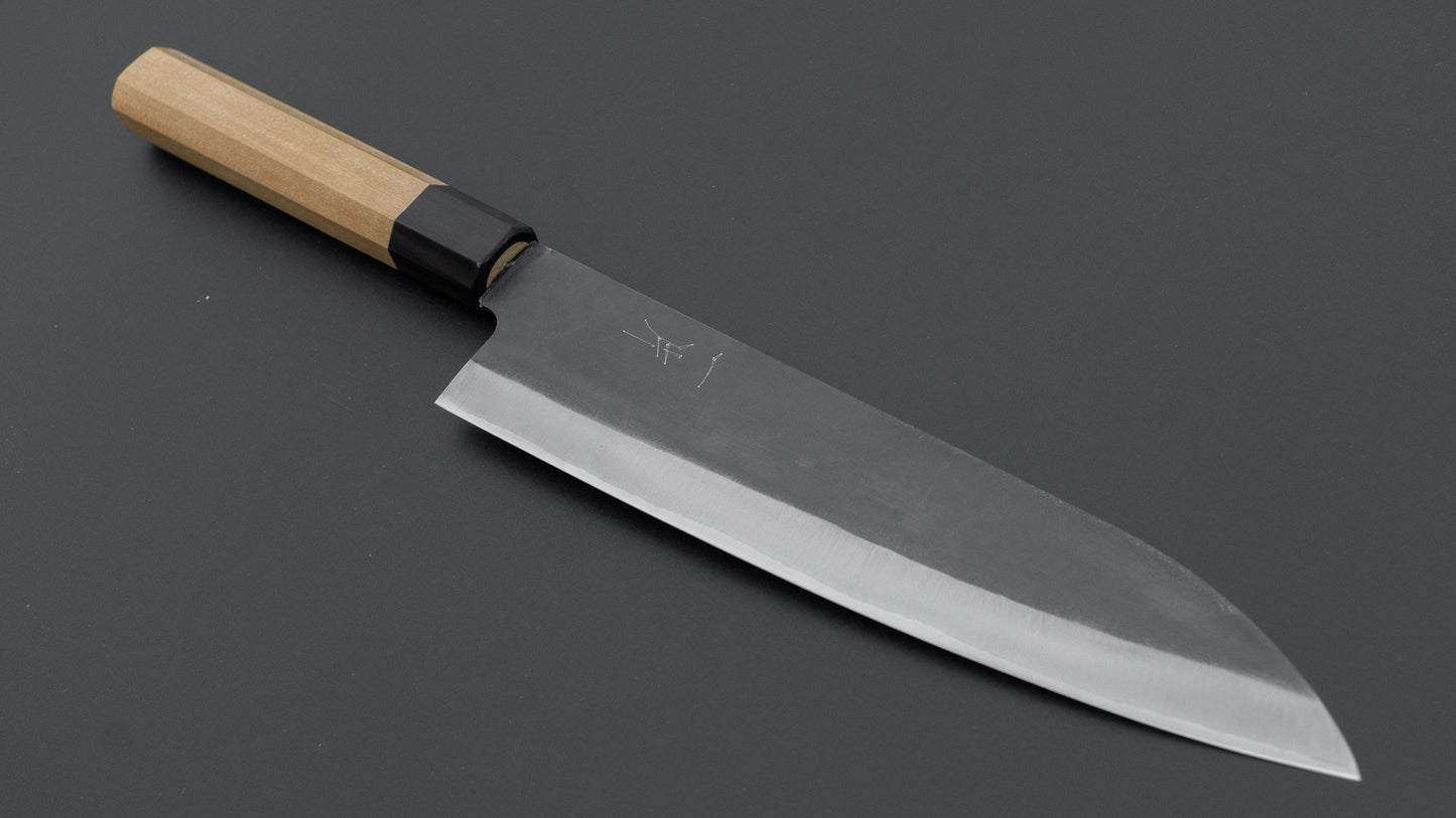 Hitohira Hizen Kurouchi Blue #1 roestvrijstalen gyuto met een handvat van 210 mm en Ho-hout.