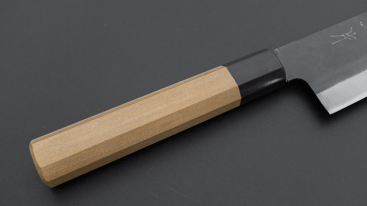 Hitohira Hizen Kurouchi Blue #1 roestvrijstalen gyuto met een handvat van 210 mm en Ho-hout.