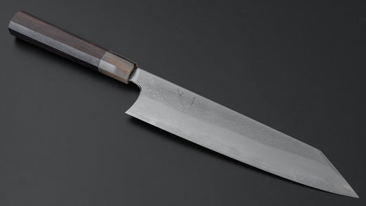 Hitohira Togashi Wit #1 Damascus Kiritsuke Gyuto 24 cm ebbenhouten handvat met brede schuine kant