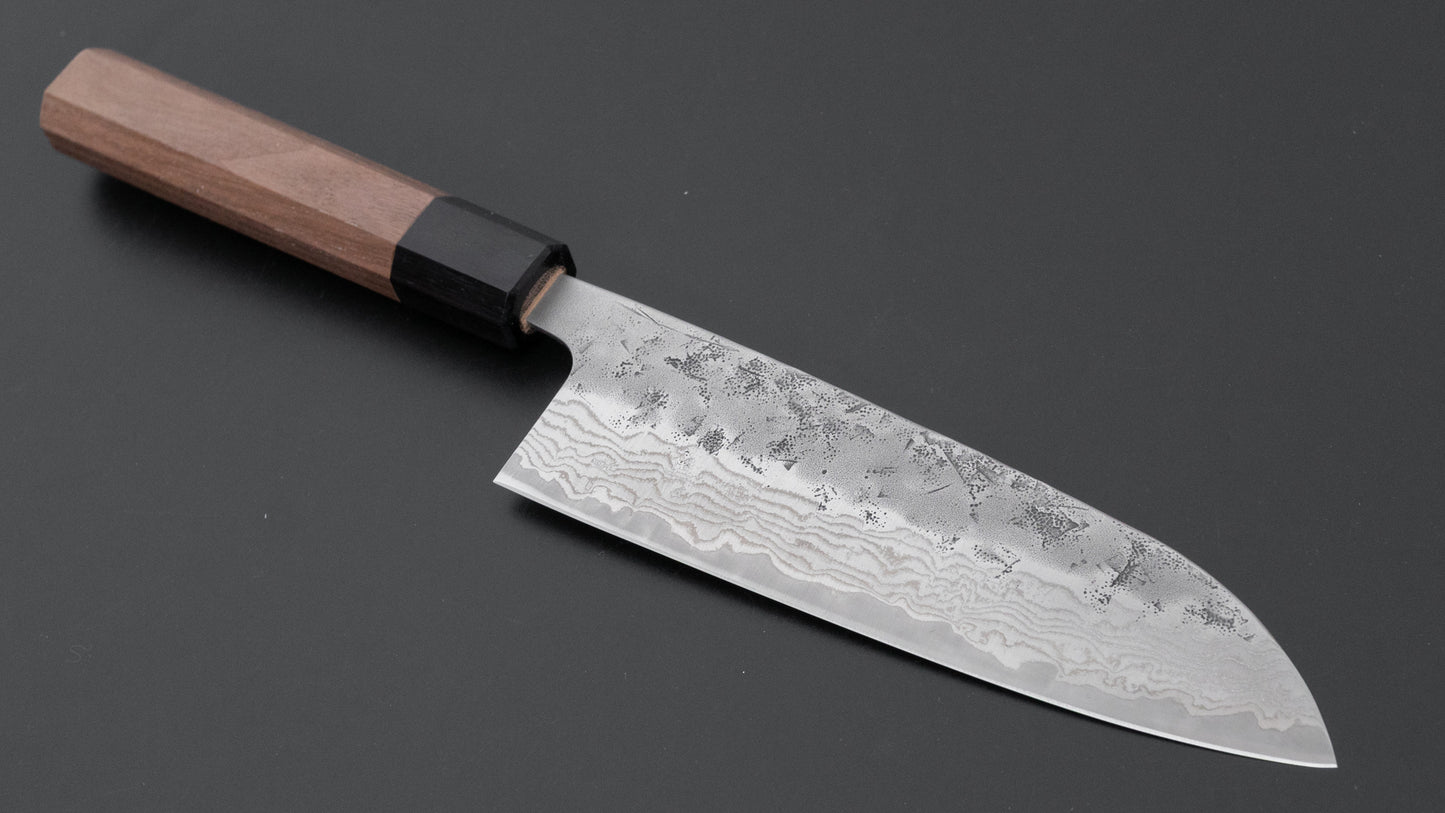 Hitohira Futana Zweedse roestvrijstalen Nashiji Damascus Santoku 170 mm walnoot handvat