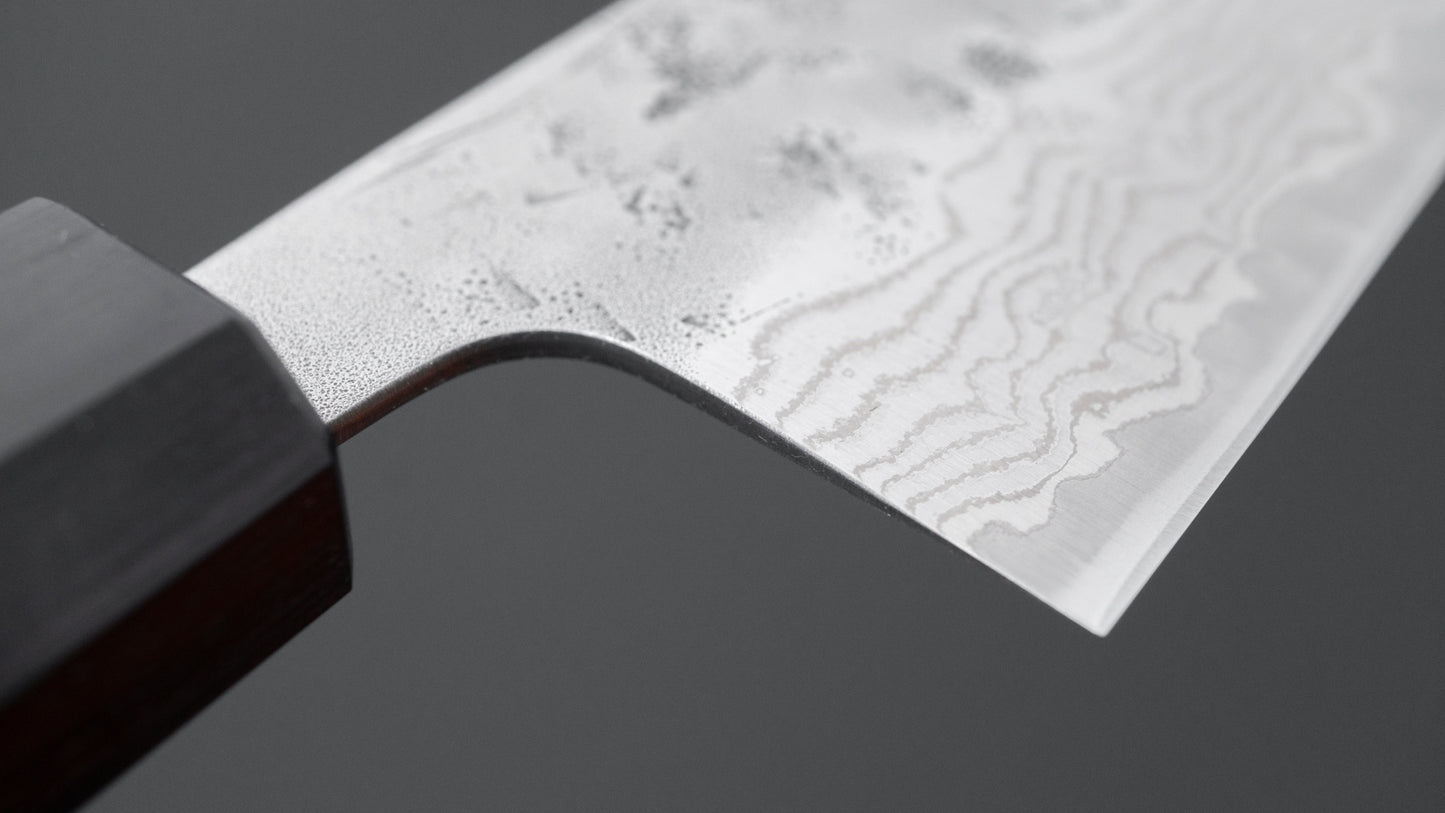 Hitohira Futana Zweedse roestvrijstalen Nashiji Damascus Santoku 170 mm walnoot handvat