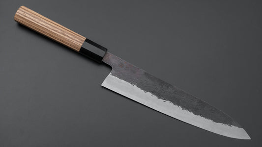 Isamitsu blauw super roestvrij bekleed Kurouchi Gyuto 240 mm Taihei Zebrawood handvat