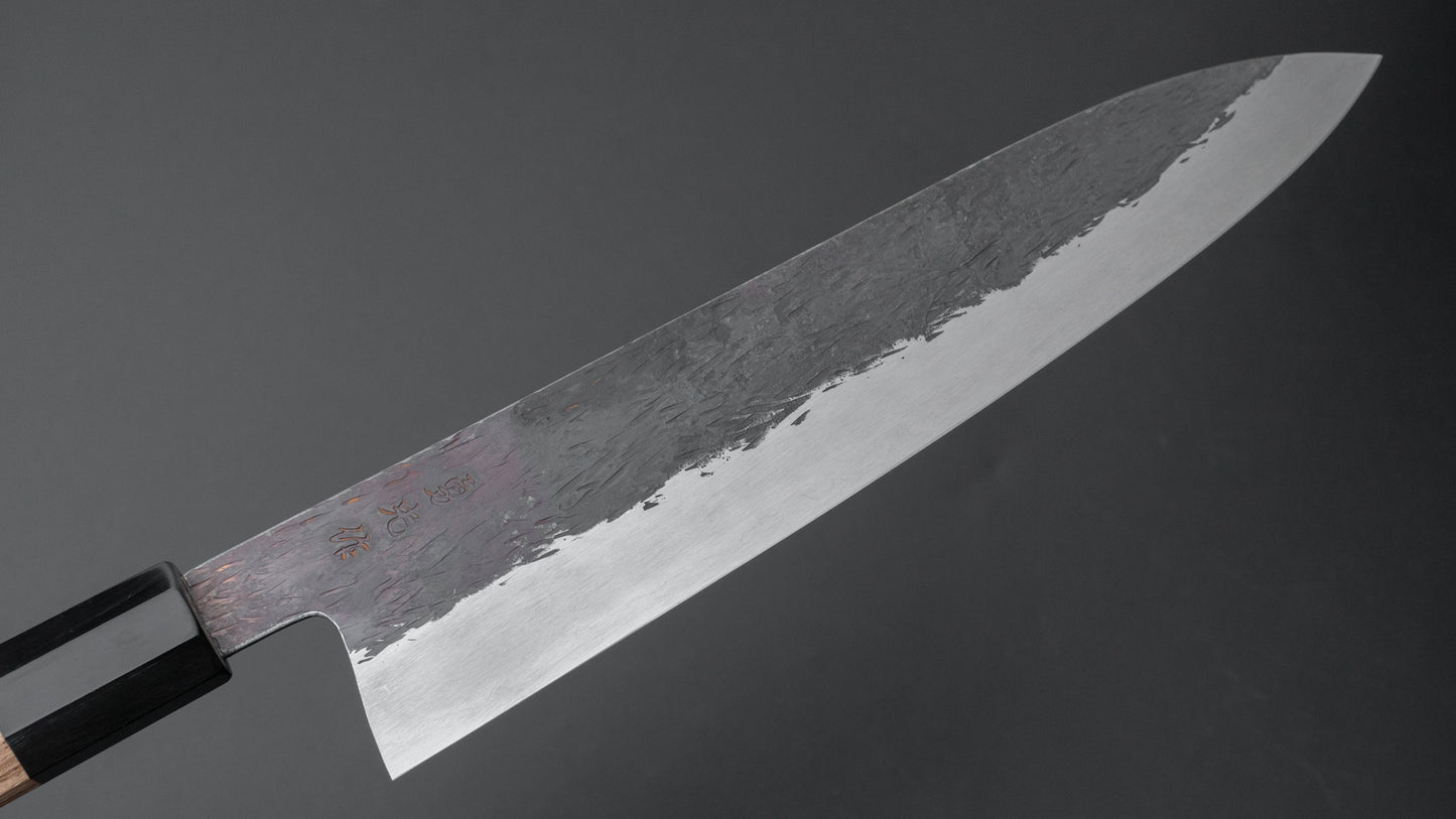 Isamitsu Blue Super Stainless Clad Kurouchi Gyuto 240mm Taihei Zebrawood Handle