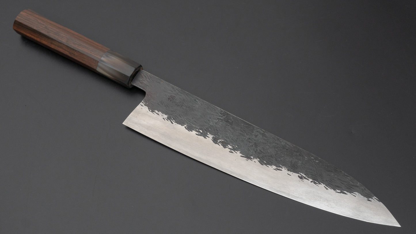 Isamitsu Blue Super Stainless Clad Kurouchi Gyuto 240mm Taihei Makassar Ebony Handle