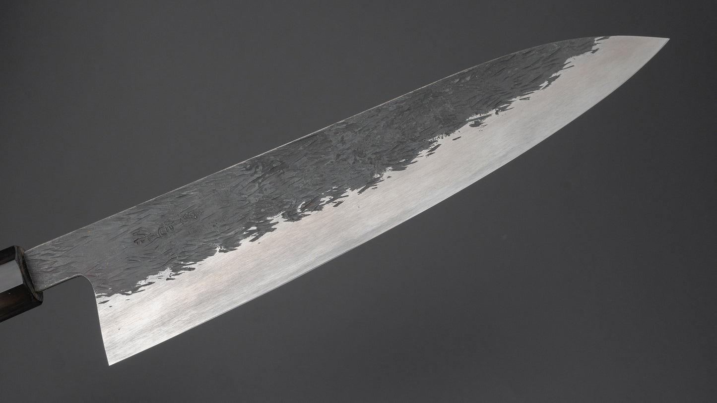 Isamitsu Blue Super Stainless Clad Kurouchi Gyuto 240mm Taihei Makassar Ebony Handle