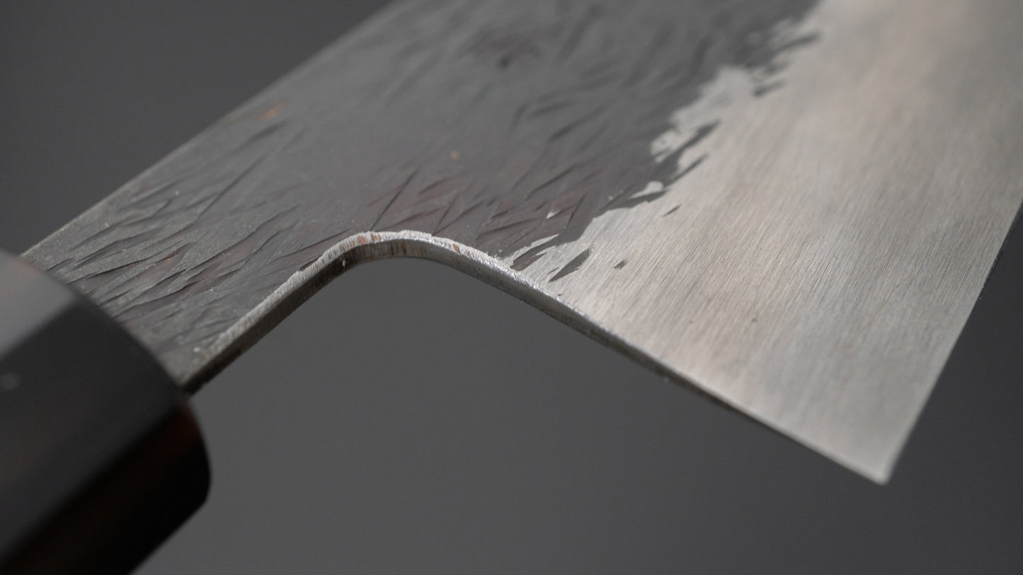 Isamitsu Blue Super Stainless Clad Kurouchi Gyuto 240mm Taihei Makassar Ebony Handle