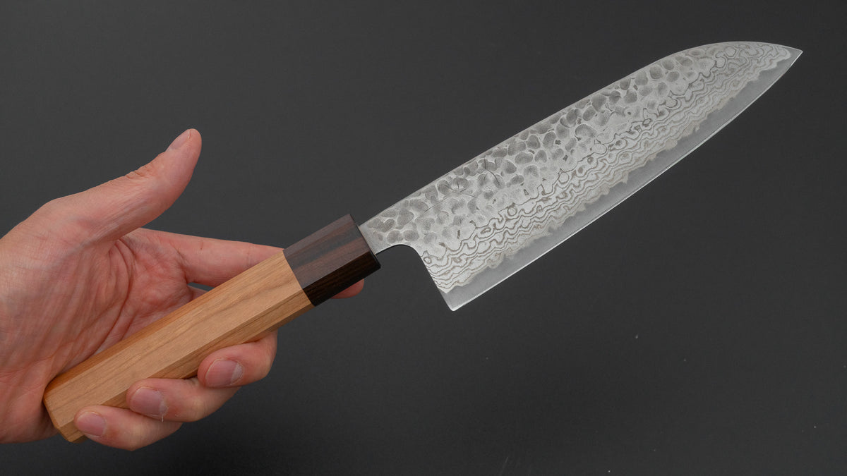 Hitohira Futana S3 Tsuchime Damascus Santoku 170mm Cherry Wood Handle