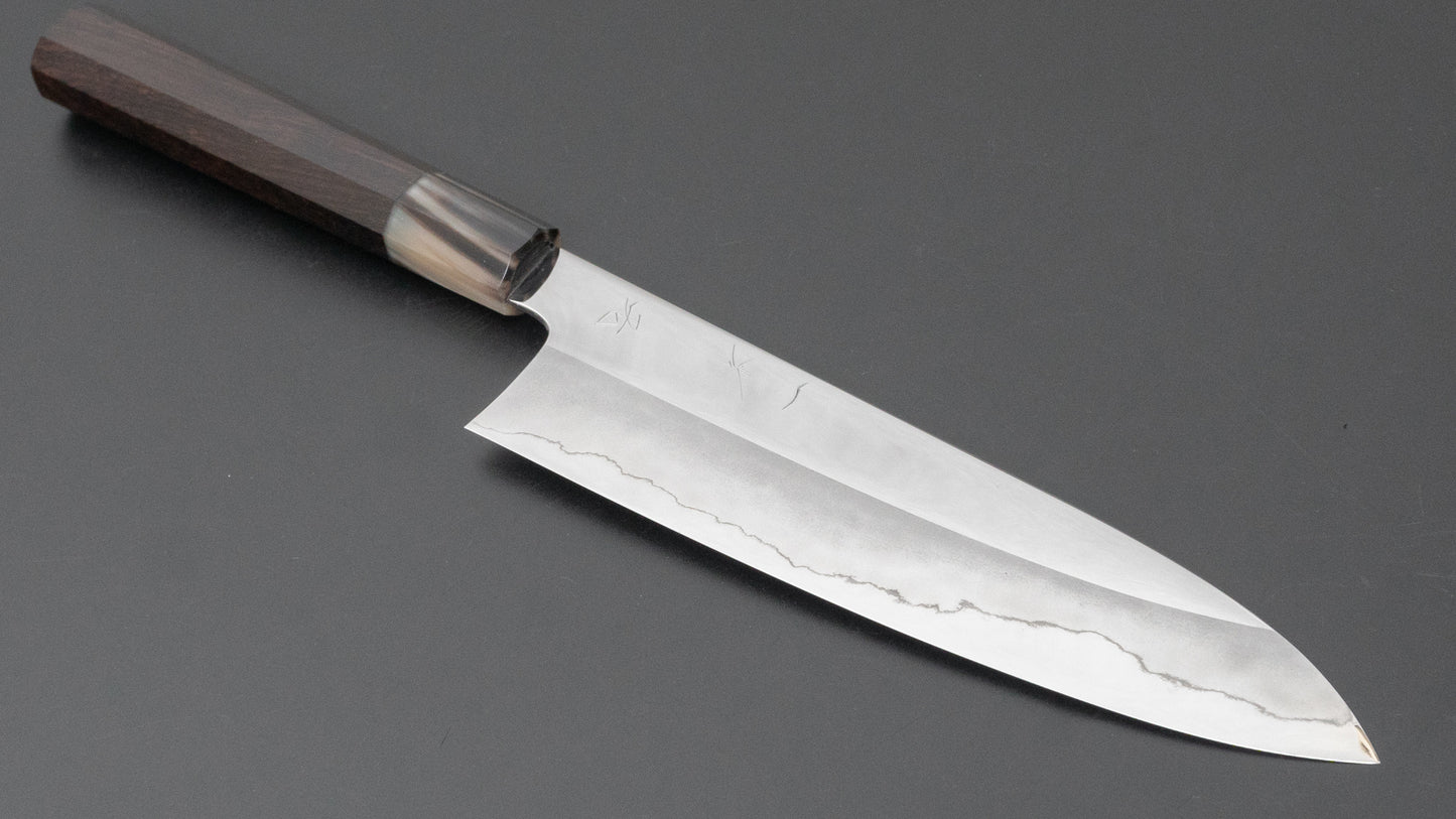 Hitohira Kikuchiyo Rou Zilver #3 spiegelgepolijst Gyuto 210 mm ebbenhouten handvat