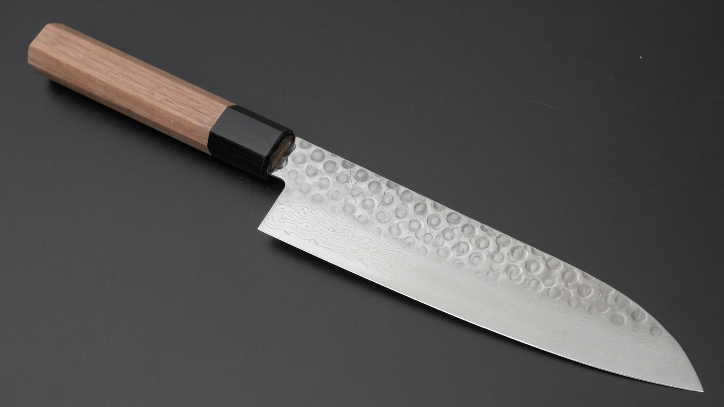 Hitohira HG Tsuchime Damascus Santoku walnoot handvat