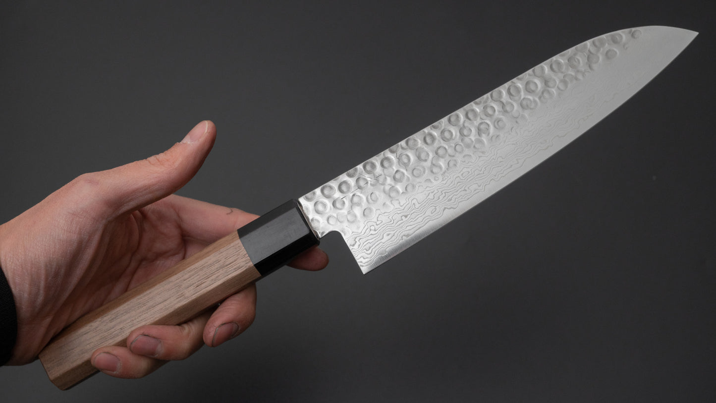 Hitohira HG Tsuchime Damascus Santoku walnoot handvat