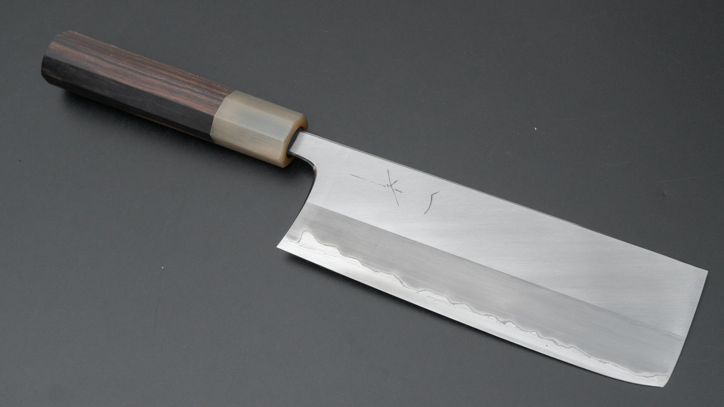 Hitohira Togashi Blue #1 Stainless Clad Migaki Nakiri 180mm Taihei Ebony Handle