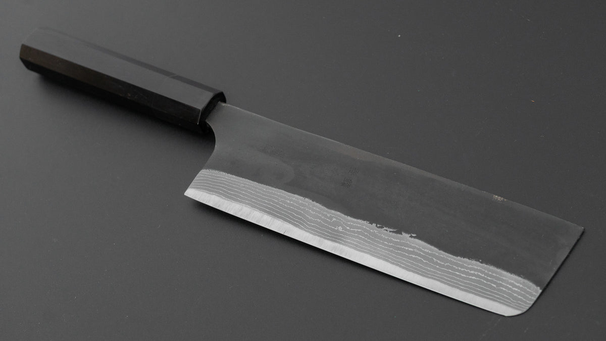Kajibei Kurouchi Blue #2 Damascus Nakiri Ebony Handle