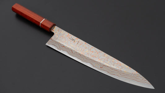 Hitohira Hinode Custom V-toku Rainbow Damascus Gyuto 240mm Padauk Handle