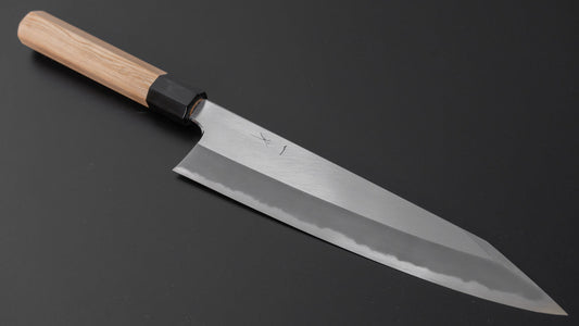 Hitohira Tanaka Kyuzo Blauw #1 Migaki Kiritsuke Gyuto 240 mm Yakusugi cederhouten handvat (Type S)