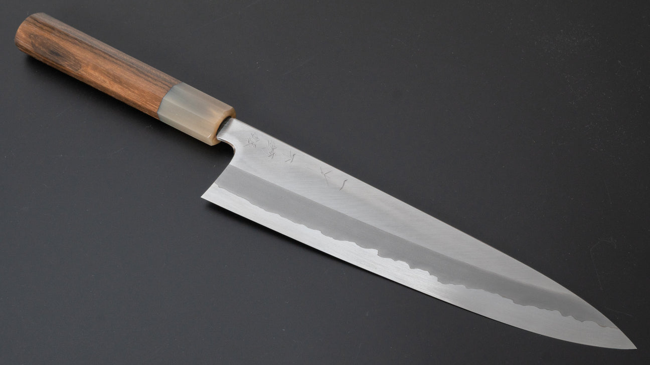 Hitohira Tanaka Kyuzo Blue #1 roestvrij beklede Gyuto 240 mm ziricote handgreep