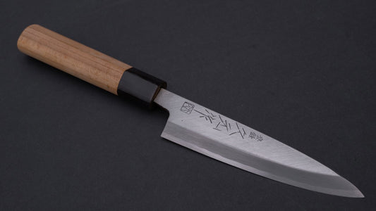 Morihei Hisamoto Vintage wit stalen Saki Deba 105 mm Ho houten handvat