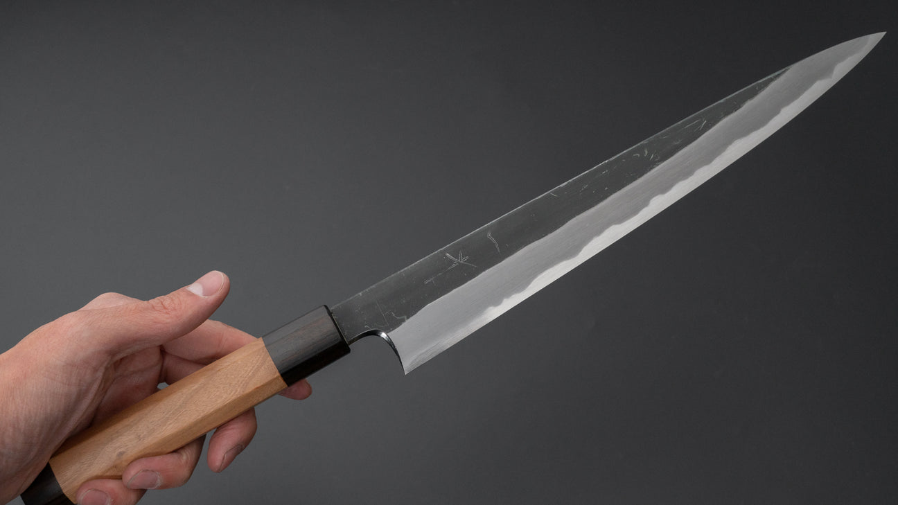 Hitohira Togashi Blue #2 Kurouchi Sujihiki 270mm Cherry Wood Handle (Ebony End)