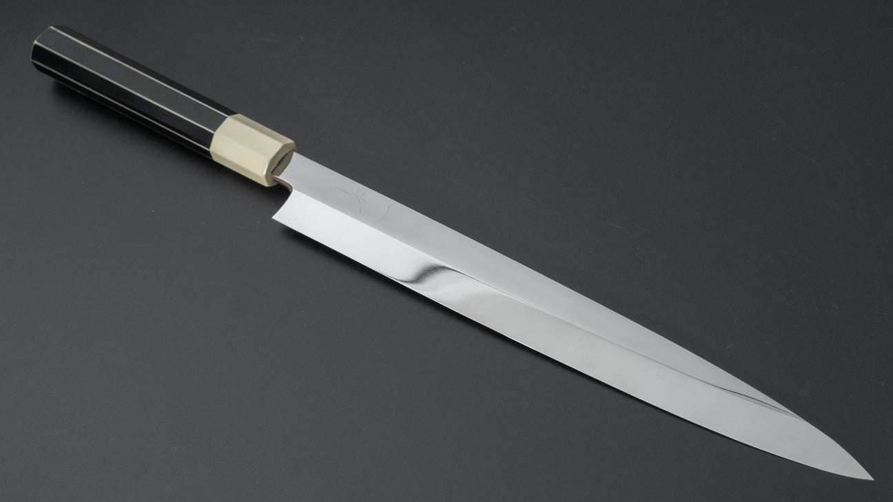 Hitohira Yamatsuka Mosuke Mirror Polished Ginsan Honyaki Yanagiba 270mm Lacquered Handle (Black and White/ Saya)