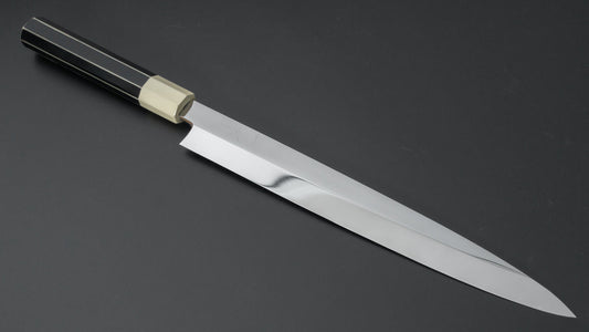 Hitohira Yamatsuka Mosuke spiegelgepolijste Ginsan Honyaki Yanagiba 270 mm gelakt handvat (zwart en wit / Saya)