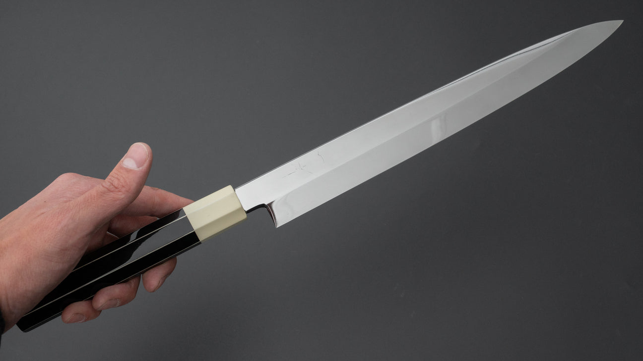 Hitohira Yamatsuka Mosuke Mirror Polished Ginsan Honyaki Yanagiba 270mm Lacquered Handle (Black and White/ Saya)