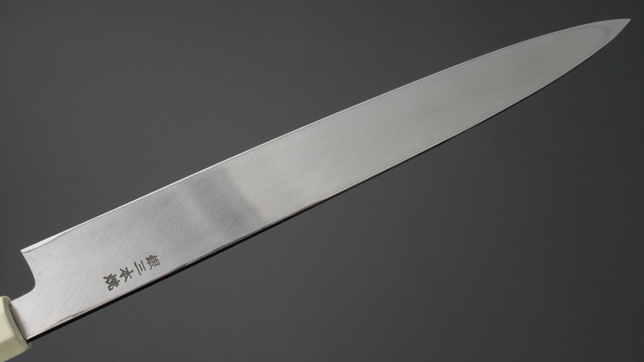 Hitohira Yamatsuka Mosuke Mirror Polished Ginsan Honyaki Yanagiba 270mm Lacquered Handle (Black and White/ Saya)