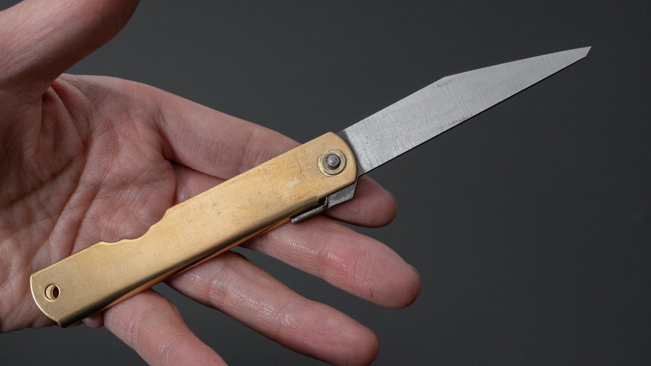 Higonokami Blue Steel Kiridashi Folding Knife Large Brass Handle