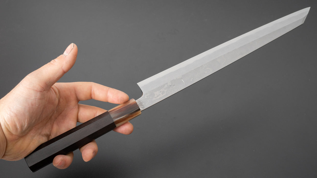 Hitohira Tanaka Manzo Blue #1 Damascus Left-Handed Kiritsuke Yanagiba 270mm Ebony Handle (Saya)