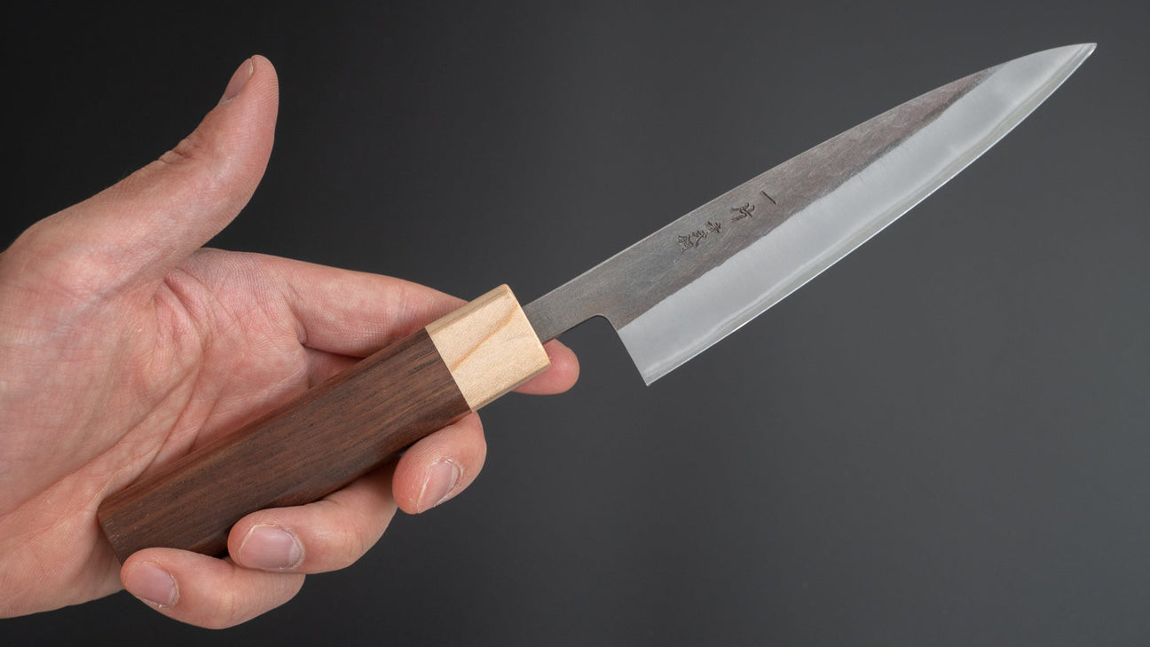 Hitohira TD Blue #2 roestvrij beklede Kurouchi Petty 135 mm walnoot handvat