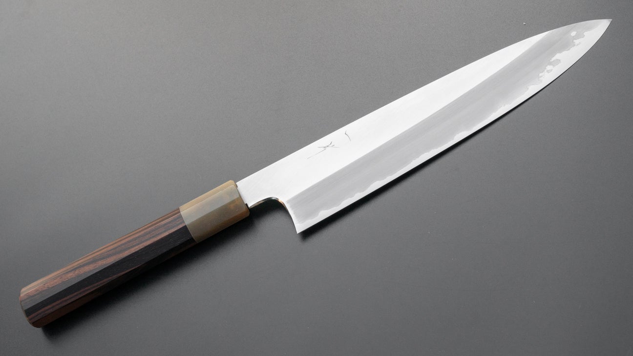 Hitohira Togashi Blue #1 roestvrij beklede Gyuto 240 mm Taihei Makassar ebbenhouten handvat