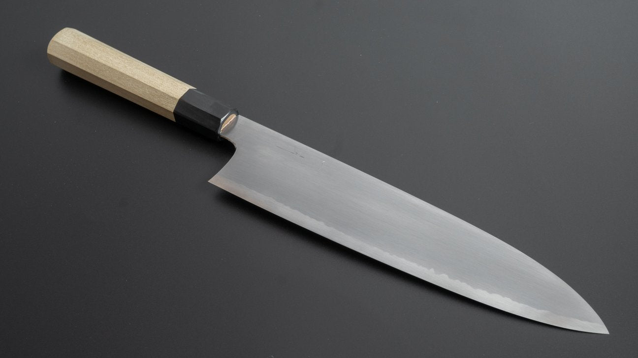 Hitohira Gorobei Rikichi Wit #2 Kasumi Gyuto 240 mm Ho houten handvat