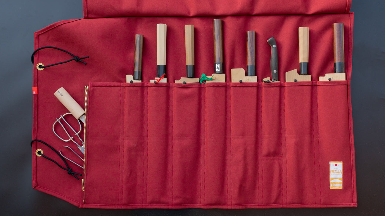 HI-CONDITION Hanpu Canvas 9 Pockets Knife Roll Deep Brick Red