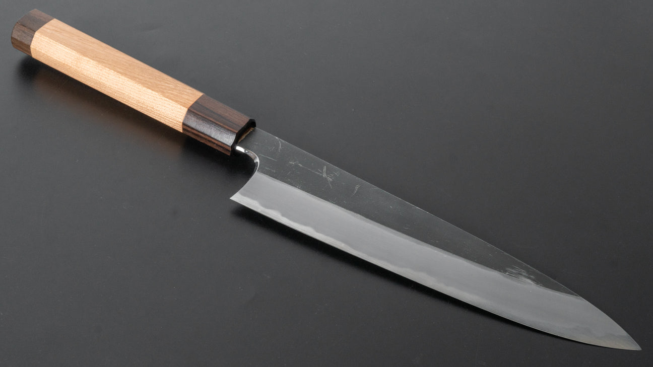 Hitohira Togashi Blue #2 Kurouchi Gyuto 210 mm kersenhouten handvat (ebbenhouten uiteinde)