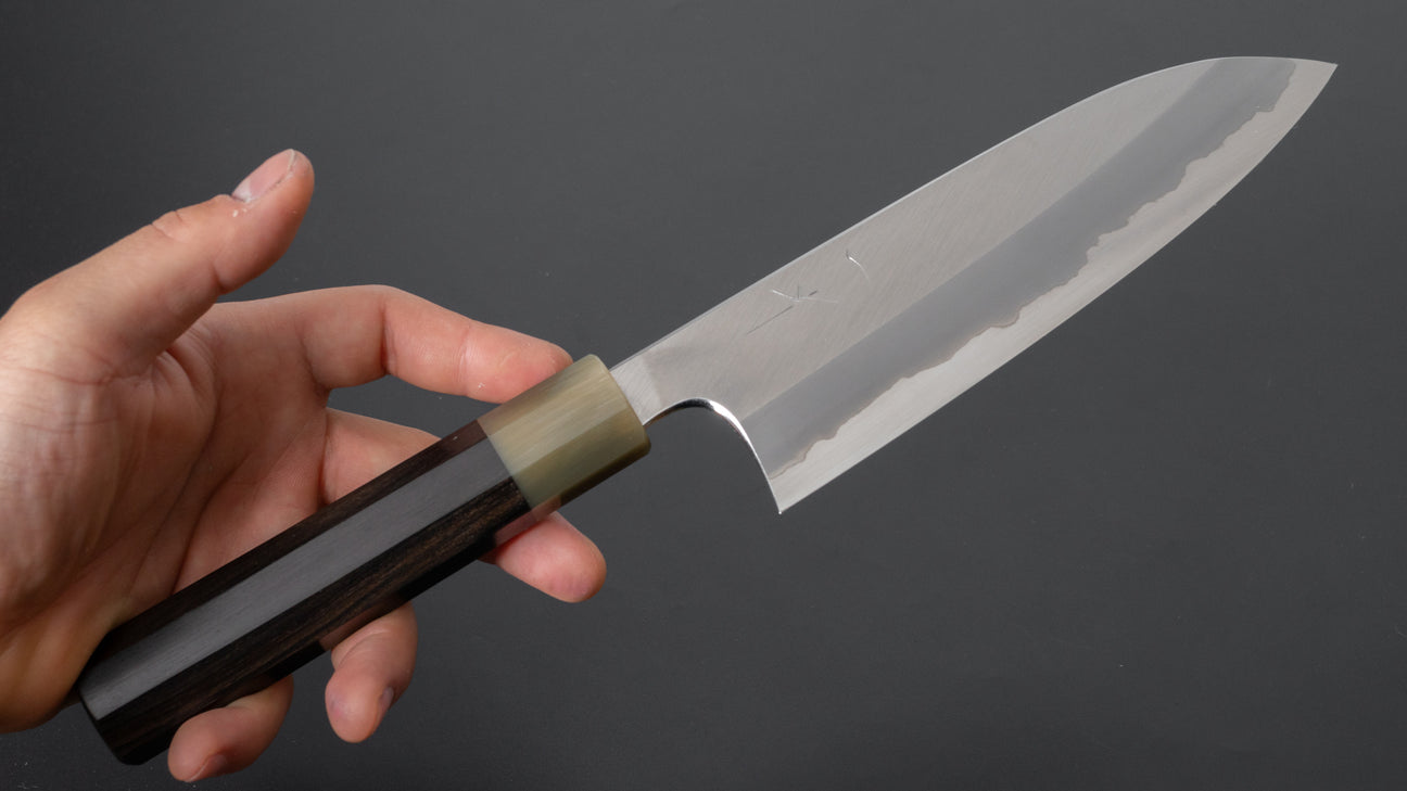 Hitohira Togashi Blue #1 Stainless Clad Migaki Santoku 180mm Taihei Makassar Ebony Handle