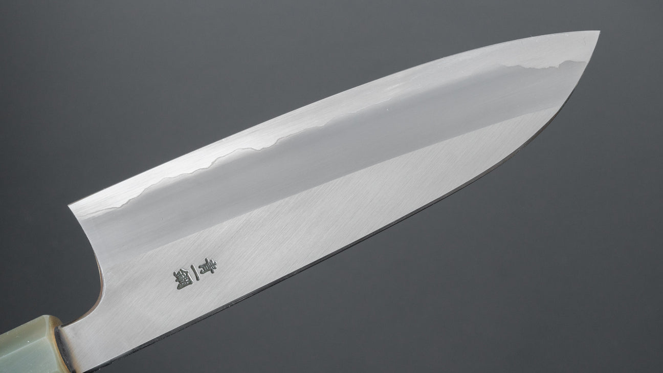 Hitohira Togashi Blue #1 Stainless Clad Migaki Santoku 180mm Taihei Makassar Ebony Handle