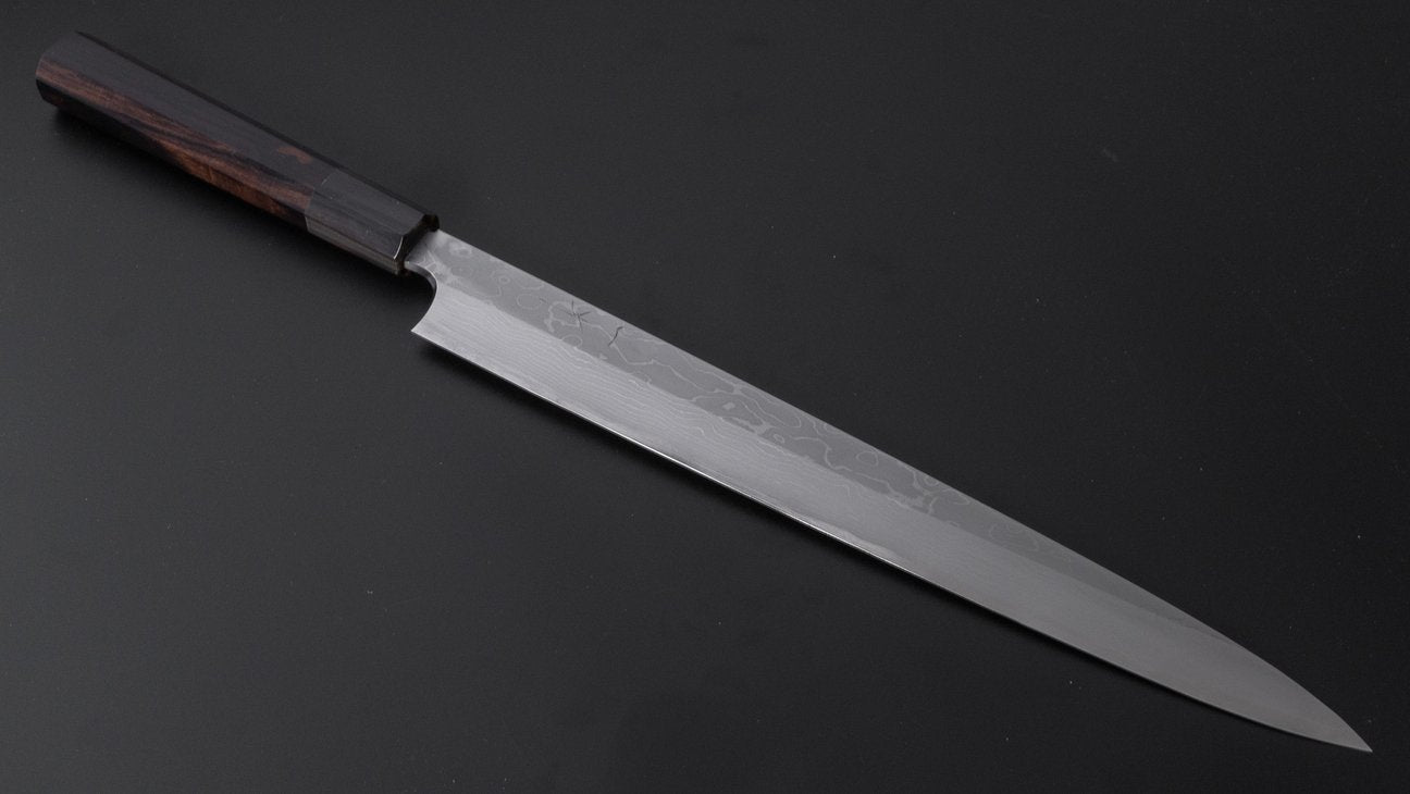 Hitohira Togashi White #1 Damascus Yanagiba 300mm Ebony Handle With Saya